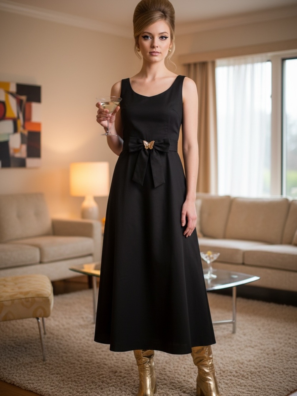 Stephen O'Grady 60s Vintage Black Maxi Dress with Bow and Gold Accent
